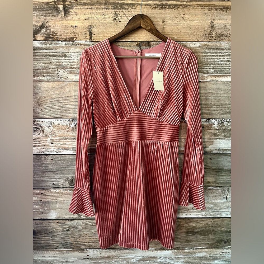 Velvet Ribbed V-Neck Long Sleeve Dress - Pink